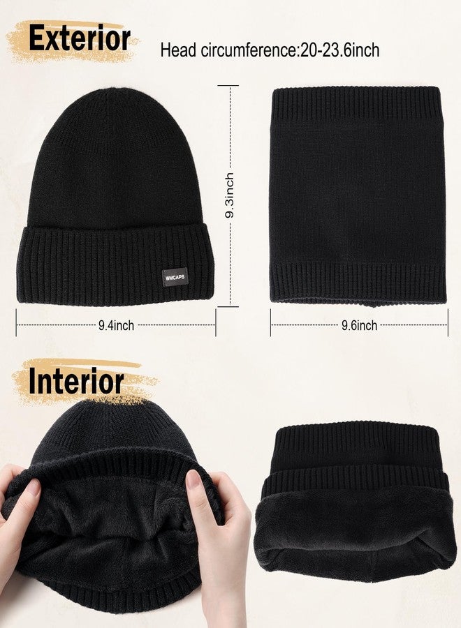 Wmcaps طقم قبعة شتوية مبطنة بالفرو ووشاح من Wmcaps للرجال والنساء، قبعة محبوكة سميكة ودافئة ومدفأة للرقبة، هدية (أسود) - Image 3